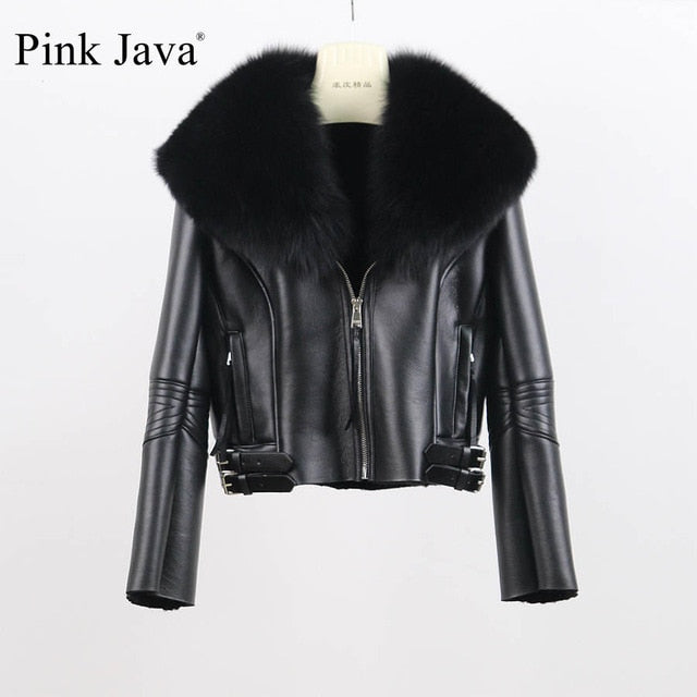 QIUCHEN PJ8088 FreeShipping Merino Sheep Fur women Coat Fashion Silm Whoole Big Genuine Fox Fur Collar Jacket Pu Leather Zipper