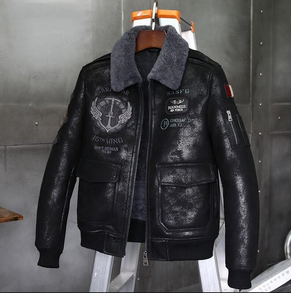 B6 airborne soldier badge series New Leather Flight Jacket High quality Fur one Men Genuine Leather Jacket Embroidered Fur Coat