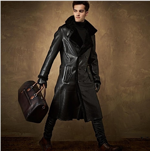 M-4XL Winter fur one leather trench men natural Real sheepskin windbreaker long fur long coats luxury over the Knee Fur jacket