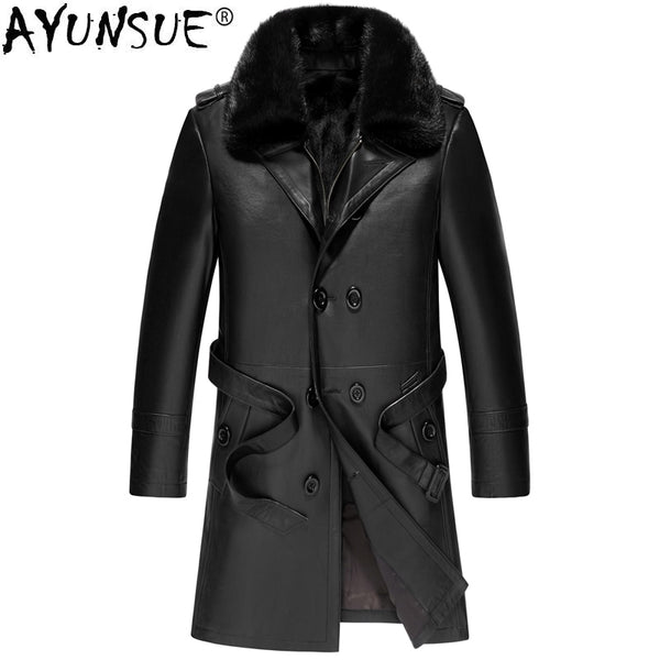 AYUNSUE Genuine Leather Jacket Men Natural Wolf Fur Liner Coat Winter Jacket Men Mink Fur Collar Sheepskin Coat LSY088317 MY1413