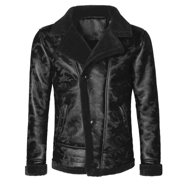 Black men winter warm camouflage lamb woolen casual jacket men fur collar plush faux leather jacket coat European style F7146