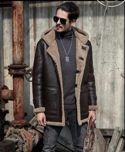 Men Winter Thicker Fur one Leather Jacket Hooded Long Sheepskin Leather Coat High-end Genuine Leather Outwear coats S-6XL