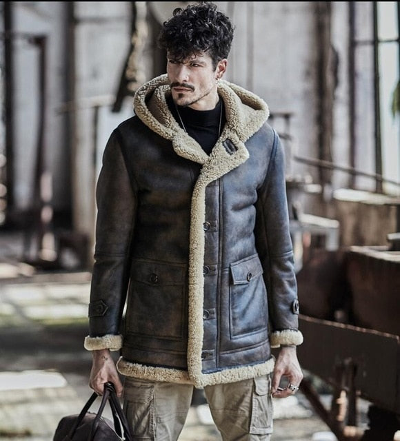 Men Winter Thicker Fur one Leather Jacket Hooded Long Sheepskin Leather Coat High-end Genuine Leather Outwear coats S-6XL