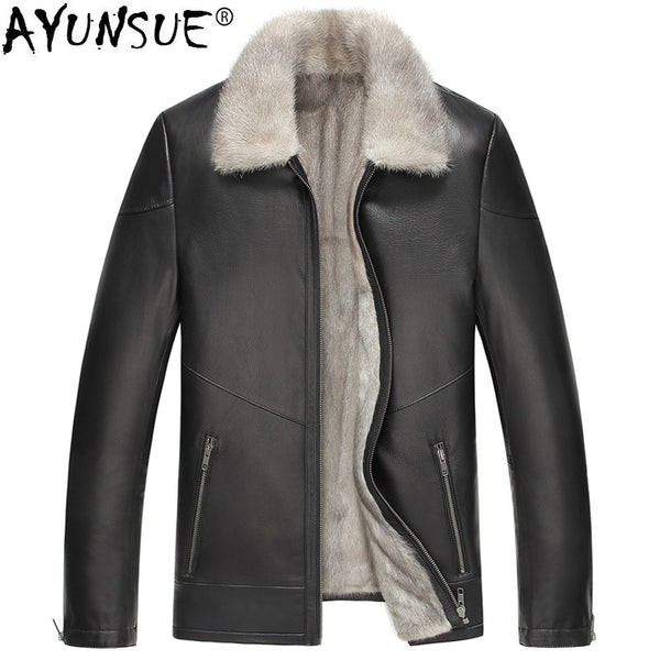 AYUNSUE Genuine Leather Jacket Men Natural Mink Fur Coat Winter Jacket Men Luxury Cow Leather Jackets Chaqueta LSY069068 MY1444