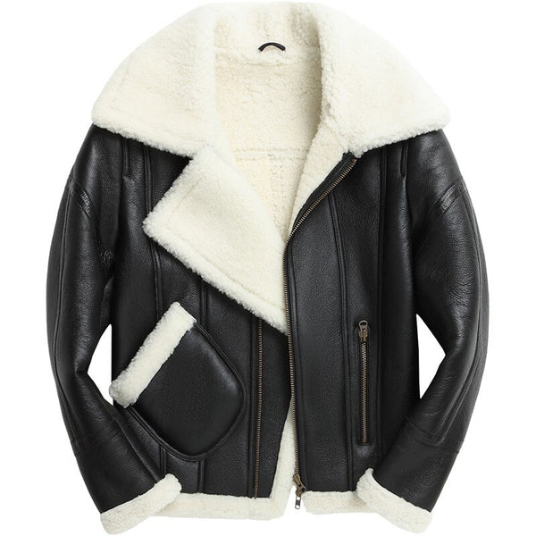 Euro Men Runway Motor Biker Genuine Leather Jacket Real Fur Lining Shearling Winter Boyfriend Punk Coat Lapel Collar Streetwear