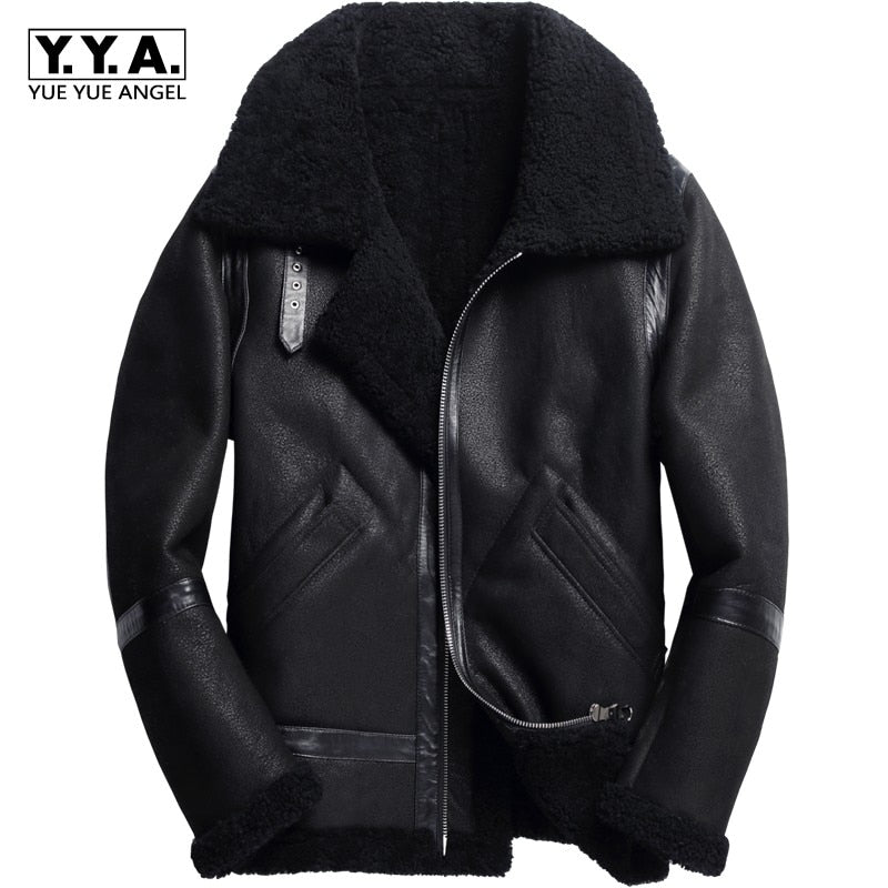 Brand Runway Men Genuine Leather Jacket Warm Lamb Wool Real Fur Lining Winter Biker Coat 6XL Shearling Aviator Jacket Streetwear