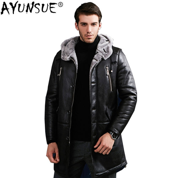 AYUNSUE Genuine Leather Jacket Men Winter Warm Double-faced Fur Coat Natural Real Wool Fur Coat Plus Size Jaqueta De Couro ZL373
