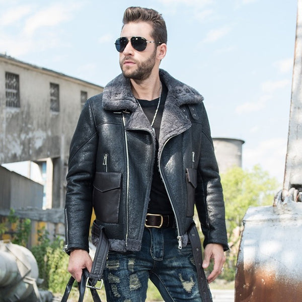 Italy Motorcycle Mens Biker Genuine Leather Jacket Real Fur Lining Warm Shearling Overcoat Aviator Jacket Slim Fit Military Coat