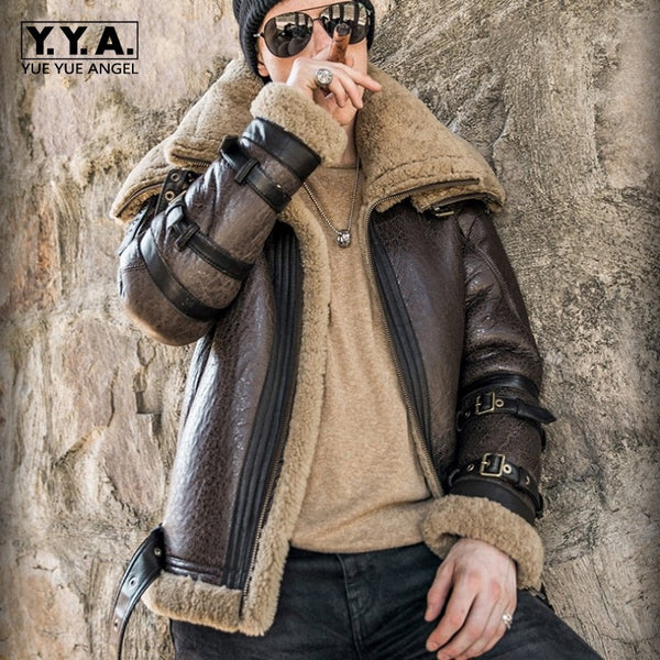 Italy Luxury Men Winter Shearling Real Fur Jacket 6XL Biker Sheepskin Genuine Leather Coat Thick Warm Fur Lining Military Jacket