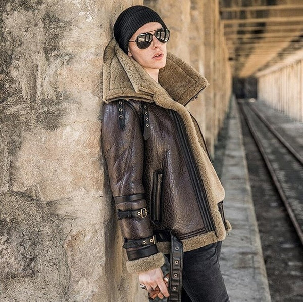 Italy Luxury Men Winter Shearling Real Fur Jacket 6XL Biker Sheepskin Genuine Leather Coat Thick Warm Fur Lining Military Jacket