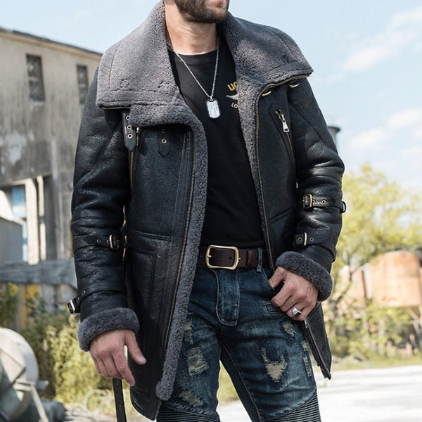 Italian Winter Mens Mid Long Sheep Real Fur Lining Military Jacket Belted Natural Shearling Overcoat Genuine Leather Biker Coats