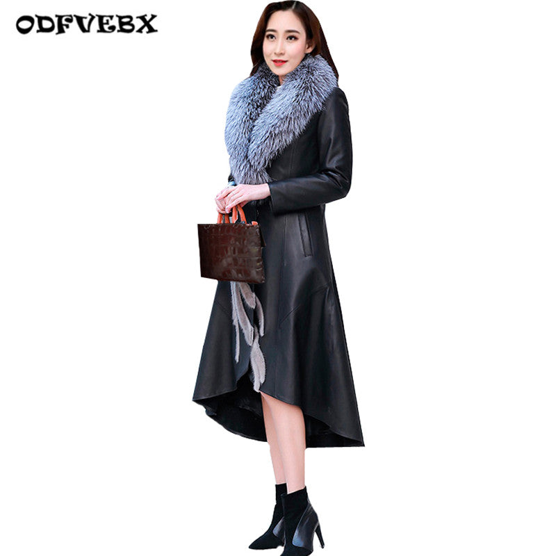 Plus size long windbreaker Leather jacket Female 2019 winter Fox fur collar leather jacket for women coat warm Leather Outerwear