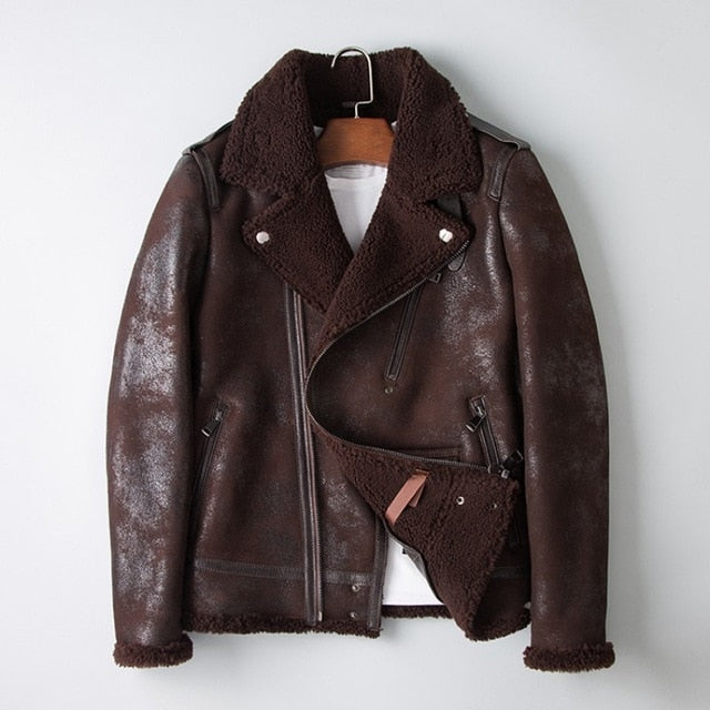 Winter Men Original Natural Shearling Air Force Coat Sheep Fur Lining Motorycle Jacket Slim Fit Genuine Leather Aviator Jackets