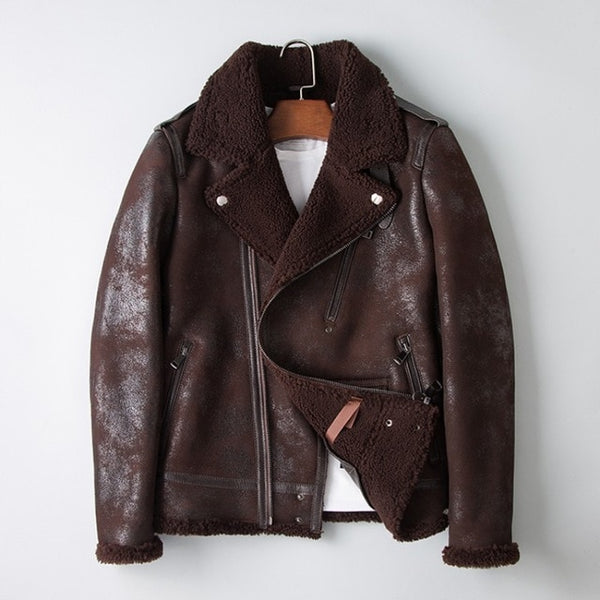 Winter Men Original Natural Shearling Air Force Coat Sheep Fur Lining Motorycle Jacket Slim Fit Genuine Leather Aviator Jackets