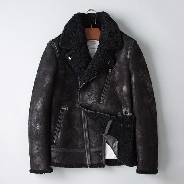 Winter Men Original Natural Shearling Air Force Coat Sheep Fur Lining Motorycle Jacket Slim Fit Genuine Leather Aviator Jackets