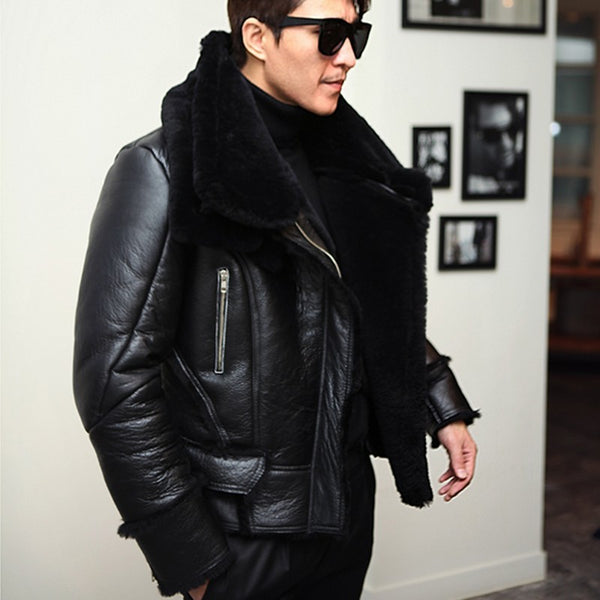 2019 New Mens Winter Lamb Wool Real Fur Aviator Jacket Fur Lining Motorcyle Shearling Leather Coat Slim Fit Flight Bomber Jacket