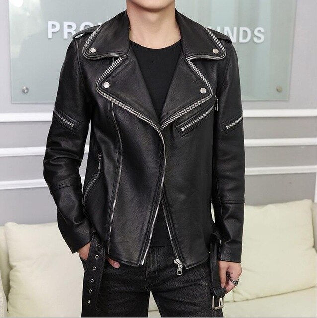High Quality Luxury Genuine Leather Jacket Korean Slim Fit Sheepskin For Mens Biker Jacket Pocket Zipper Outerwear Male M-2XL