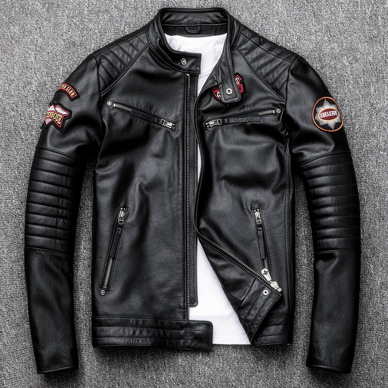 2019 Fashion New Indian Skull Motorcycle Genuine Leather Jacket Men Stand Collar Slim Fit Youth Cowhide Leather Coat