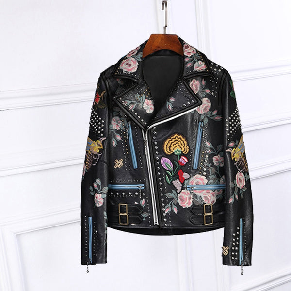 Chic women's rivets biker jackets Fashion embroidered PU leather jackets high quality leather short coat E957