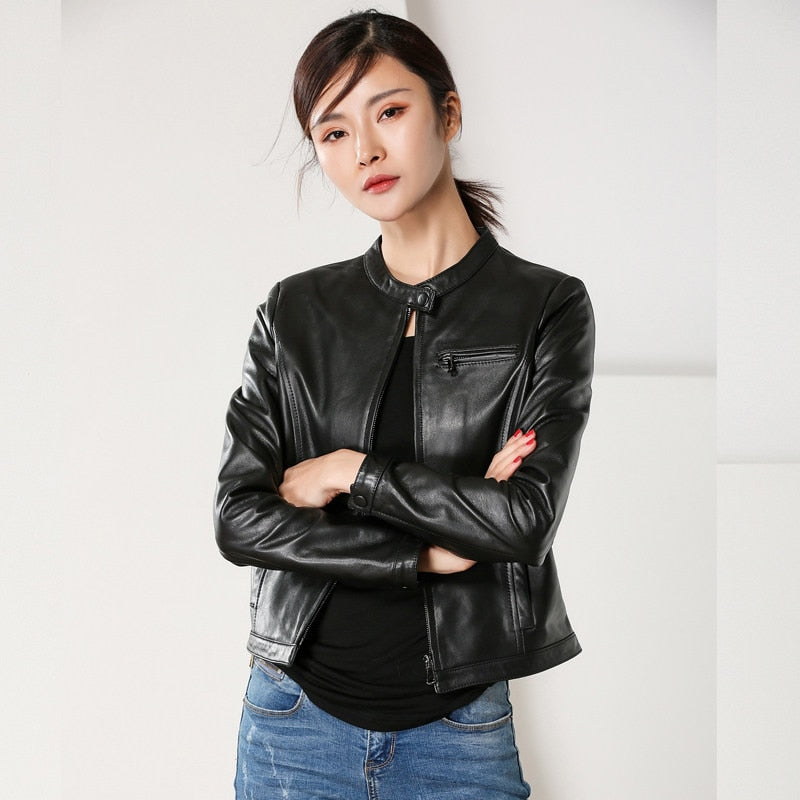 Genuine leather jacket Fashion Short sheepskin locomotive Genuine Leather tops women Black basis Outerwear 2018