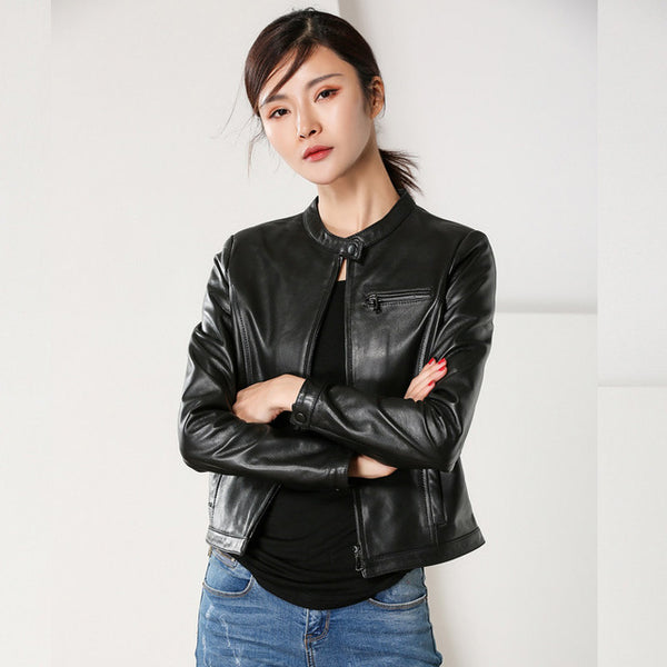 Genuine leather jacket Fashion Short sheepskin locomotive Genuine Leather tops women Black basis Outerwear 2018