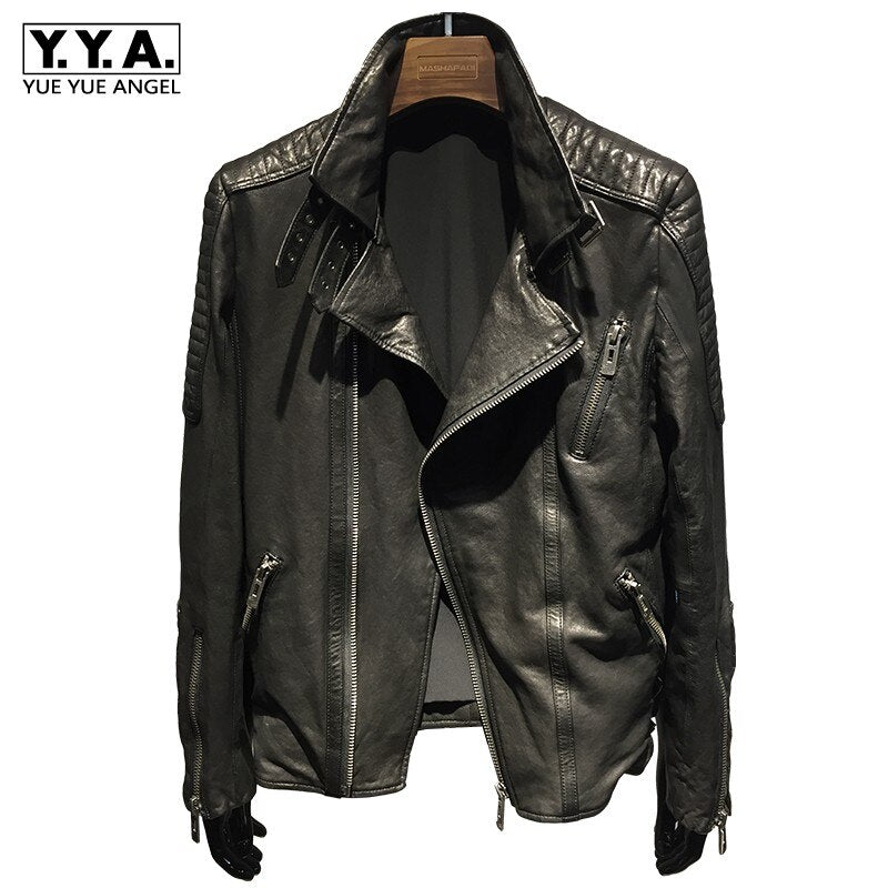 Fashion Sheepskin Moto Biker Natural Leather Jacket Mens Stand Collar Zippers Pockets Jacket Solid Black Short Real Leather Coat