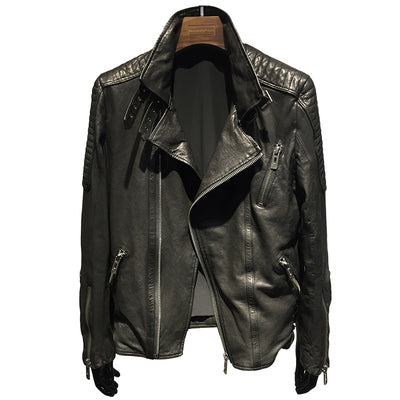 Fashion Sheepskin Moto Biker Natural Leather Jacket Mens Stand Collar Zippers Pockets Jacket Solid Black Short Real Leather Coat