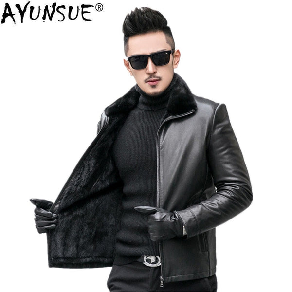 AYUNSUE Real Sheepskin Leather Jackets Men Real Mink Fur Collar Coat Genuine Leather Jacekt Mens Coats JM-536-59 MY740