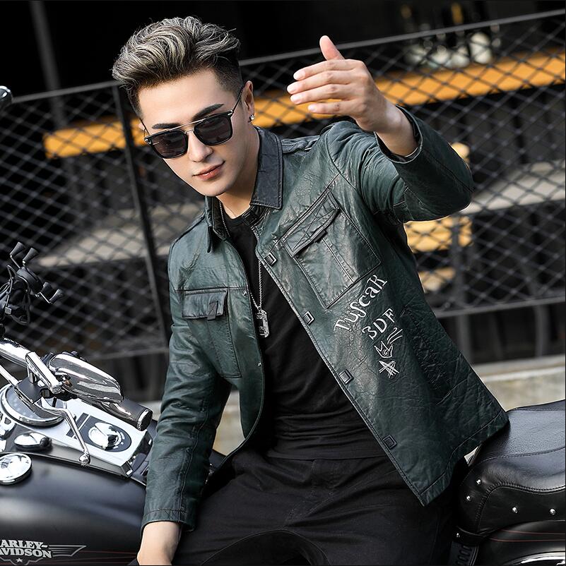 2019 New Men's Genuine Leather Jacket Sheepskin short motorcycle leather coat Dark green lapel slim leather jackets