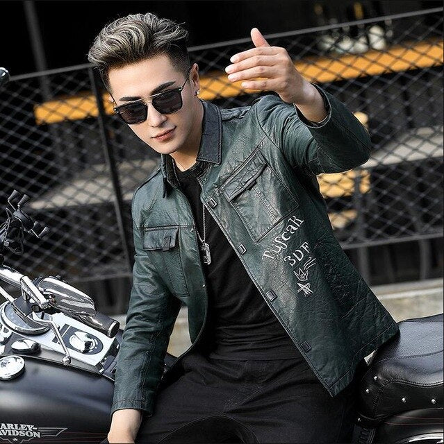 2019 New Men's Genuine Leather Jacket Sheepskin short motorcycle leather coat Dark green lapel slim leather jackets