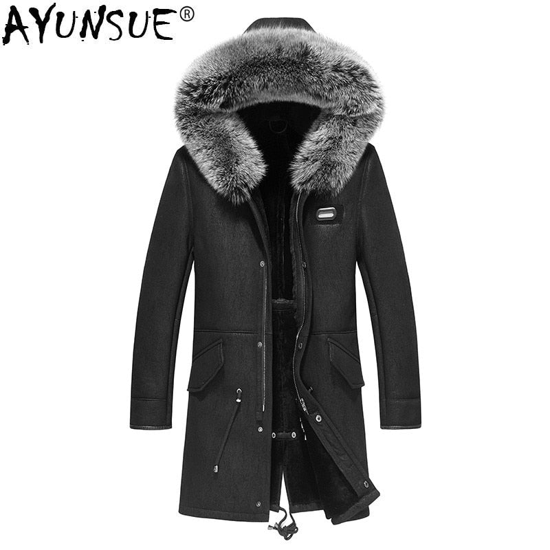 AYUNSUE Leather Jacket Winter Jacket Men Natural Wool Fur Coat Fox Fur Collar Sheepskin Coat Luxury Jacket JLK18SJF1985 Y1354