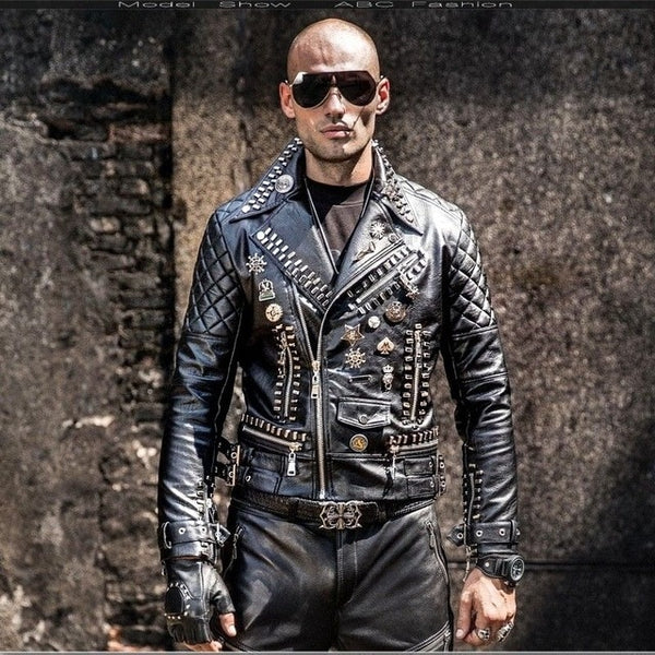 2019 New Motorcycle PU Faux Leather Jackets Men Hip Hop Rivet Punk Style Lapel Fashion Zipper Coats Korean Slim Male Overcoats