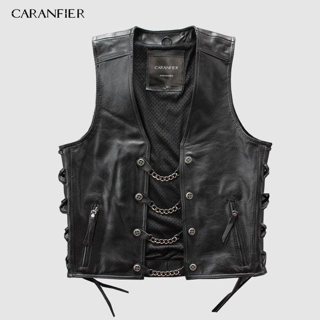 CARANFIER Mens Genuine Leather Rock Vests Metal Chain Biker Vest Motorcycle Sleeveless Real Leather Jackets DHL Free Shipping