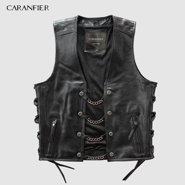 CARANFIER Mens Genuine Leather Rock Vests Metal Chain Biker Vest Motorcycle Sleeveless Real Leather Jackets DHL Free Shipping
