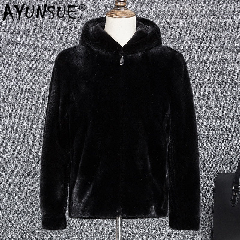 AYUNSUE 2019 New Real Mink Fur Coat Men Hooded Winter Jacket Men Fashions Natural Mink Jackets Leather Jacket ZD0084 KJ2718