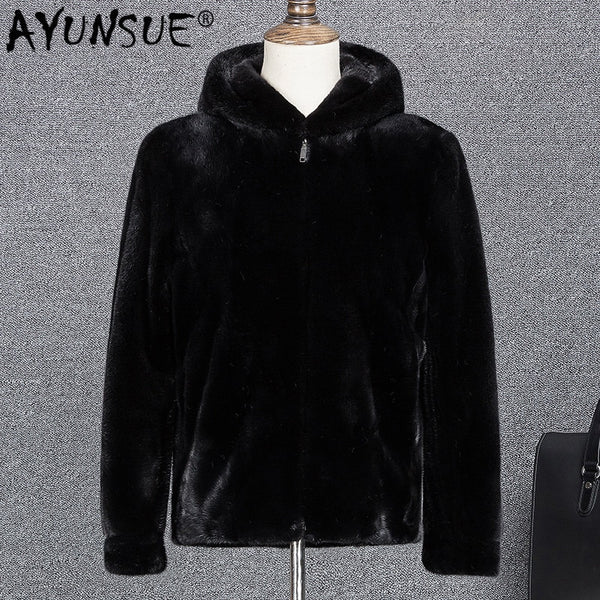 AYUNSUE 2019 New Real Mink Fur Coat Men Hooded Winter Jacket Men Fashions Natural Mink Jackets Leather Jacket ZD0084 KJ2718