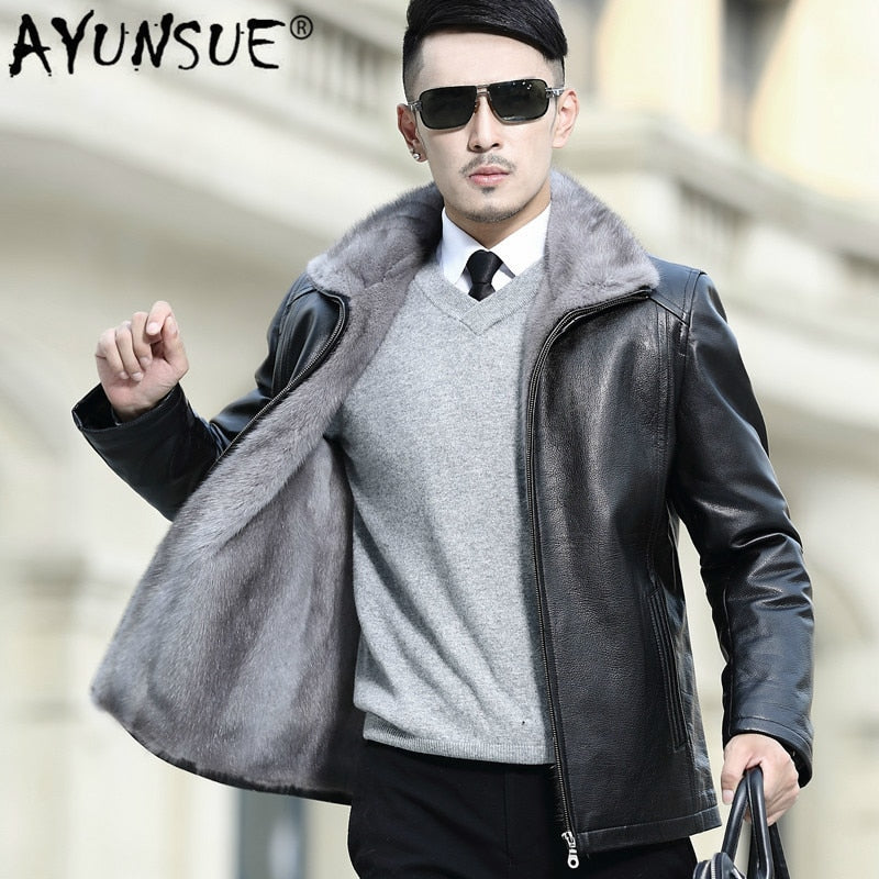 AYUNSUE Mens Mink Coat Genuine Leather Jacket Men Winter Real Mink Fur Liner Goatskin Leather Jackets and Coats A16DN5257 KJ2451