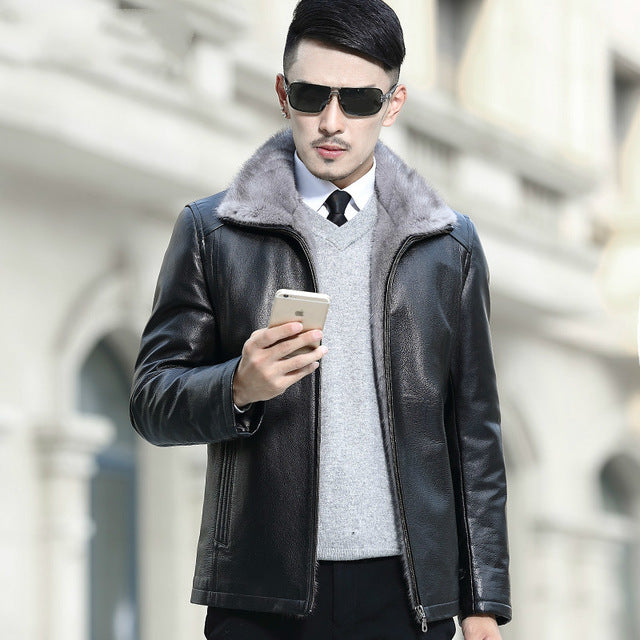 AYUNSUE Mens Mink Coat Genuine Leather Jacket Men Winter Real Mink Fur Liner Goatskin Leather Jackets and Coats A16DN5257 KJ2451