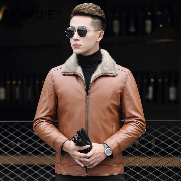 AYUNSUE Genuine Leather Jacket Men Real Mink Fur Liner Winter Sheepskin Coat Mens Mink Jackets Cuero Genuino AD-ZD70903 YY321
