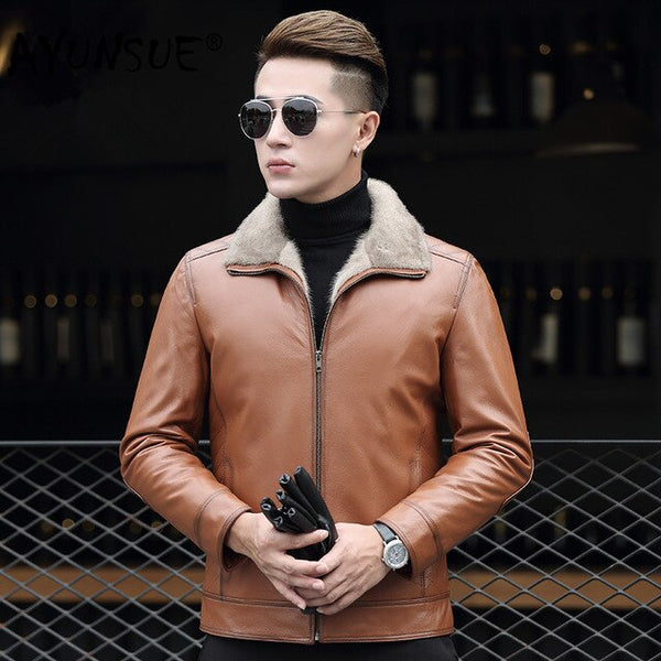 AYUNSUE Genuine Leather Jacket Men Real Mink Fur Liner Winter Sheepskin Coat Mens Mink Jackets Cuero Genuino AD-ZD70903 YY321