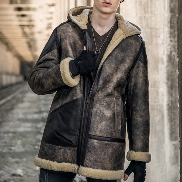 Italian Mens Military Shearling Mid Long Jacket Natural Lamb Wool Real Sheep Fur Lining Coat Leather Biker Loose 6XL Overcoat