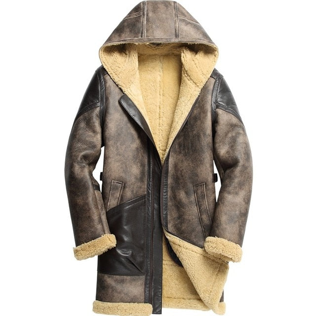 Italian Mens Military Shearling Mid Long Jacket Natural Lamb Wool Real Sheep Fur Lining Coat Leather Biker Loose 6XL Overcoat