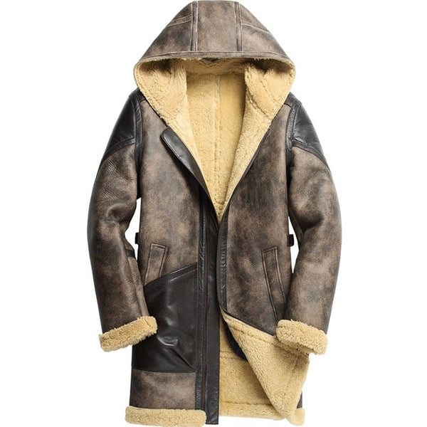 Italian Mens Military Shearling Mid Long Jacket Natural Lamb Wool Real Sheep Fur Lining Coat Leather Biker Loose 6XL Overcoat