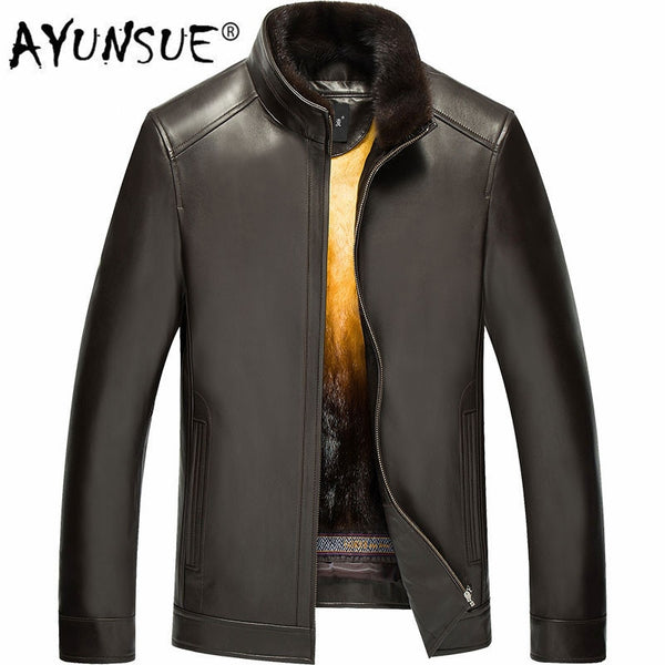 AYUNSUE Genuine Leather Jacket Men Winter Jacket Mens Gold Mink Fur Liner Warm Plus Size Mink Jackets LN-171021 YY326