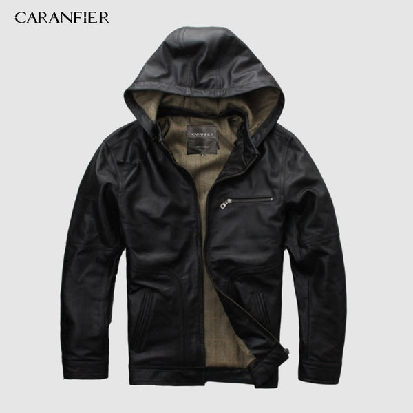 CARANFIER 2019 New Men Black Hooded Cow Genuine Leather  Jacket 100% Real Cowhide Casual Winter Russia Coats DHL Free Shipping
