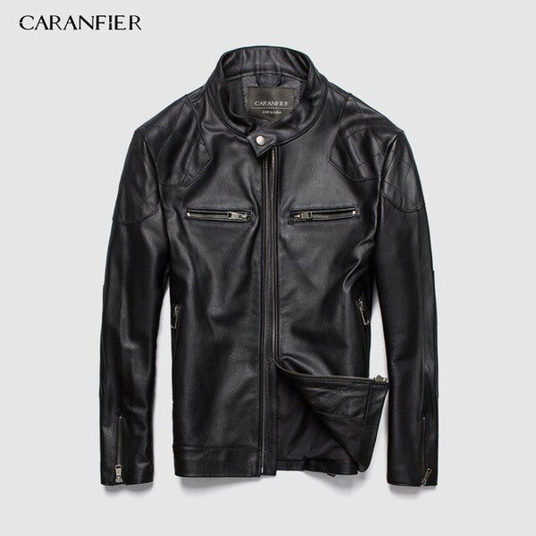 CARANFIER Fashion Leather Motorcycle Coat Male Genuine Leather Sheepskin Clothing Short Design Real Leather Jackets Overcoats