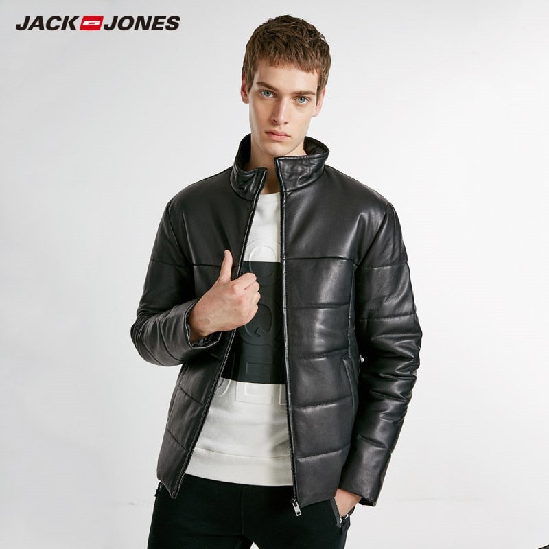 JackJones Winter Men's Fashion Trend Stand Collar Sheepskin Genuine Leather Jacket Warm Coat Heavy Menswear 218428502