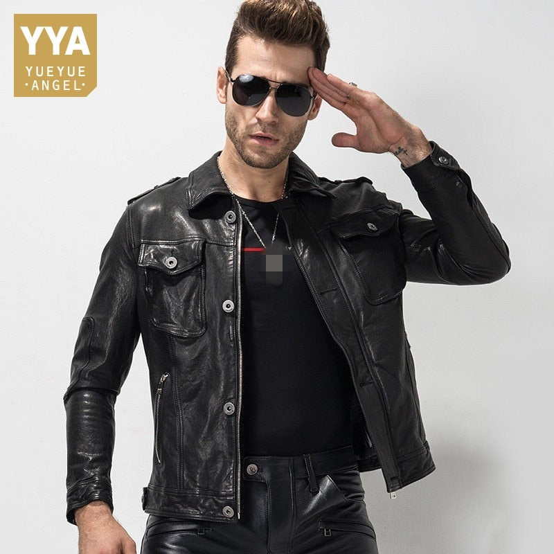 Brand Genuine Leather Jacket Men Luxury Sheepskin Slim Biker Motorcycle Short Coat Male Luxury Black Real Leather Outerwear 4XL