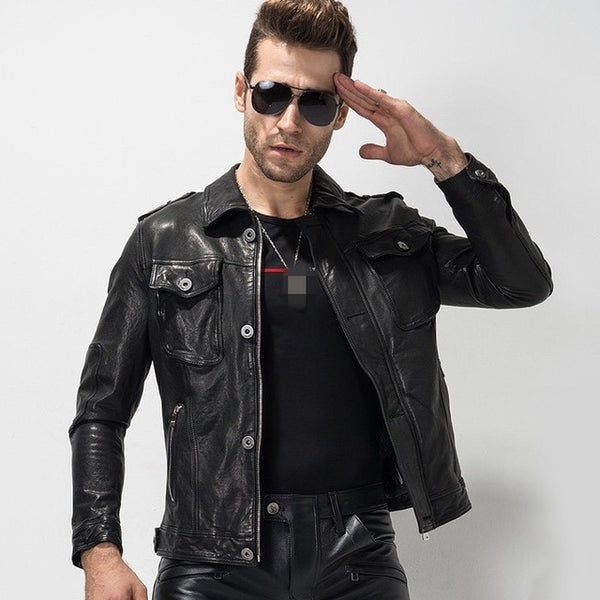 Brand Genuine Leather Jacket Men Luxury Sheepskin Slim Biker Motorcycle Short Coat Male Luxury Black Real Leather Outerwear 4XL