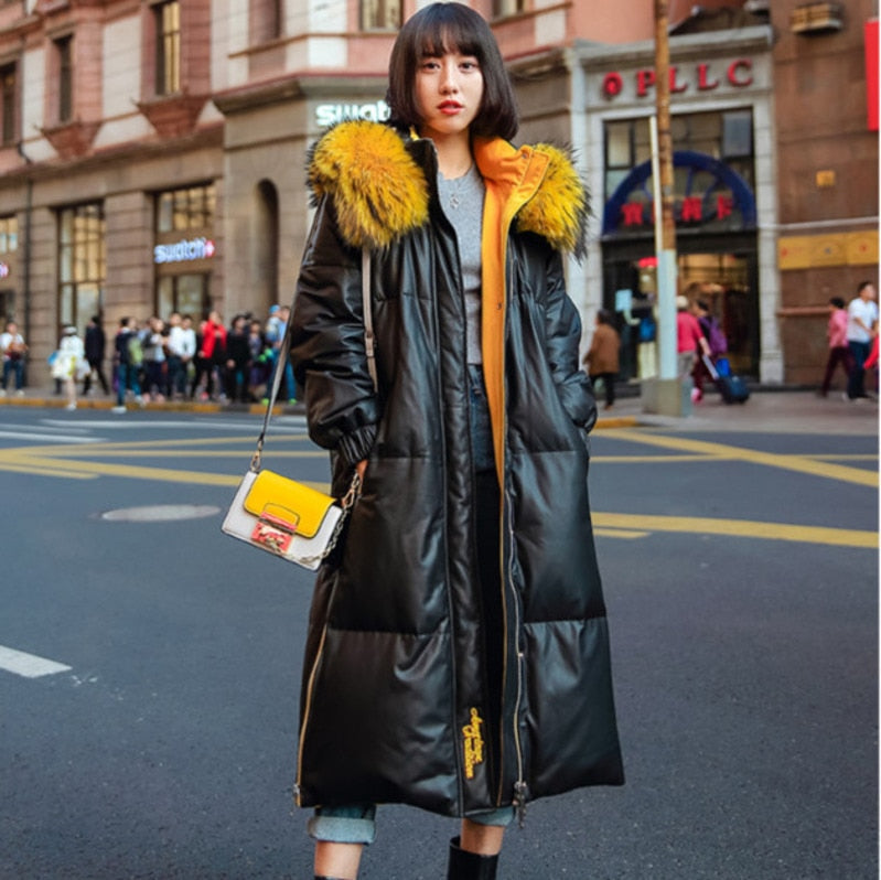 Women Winter Leather Jacket Fur Collar Hooded Thick Warm Down Cotton Parka High Quality Sheep Leather Loose  Coat outwear Km042